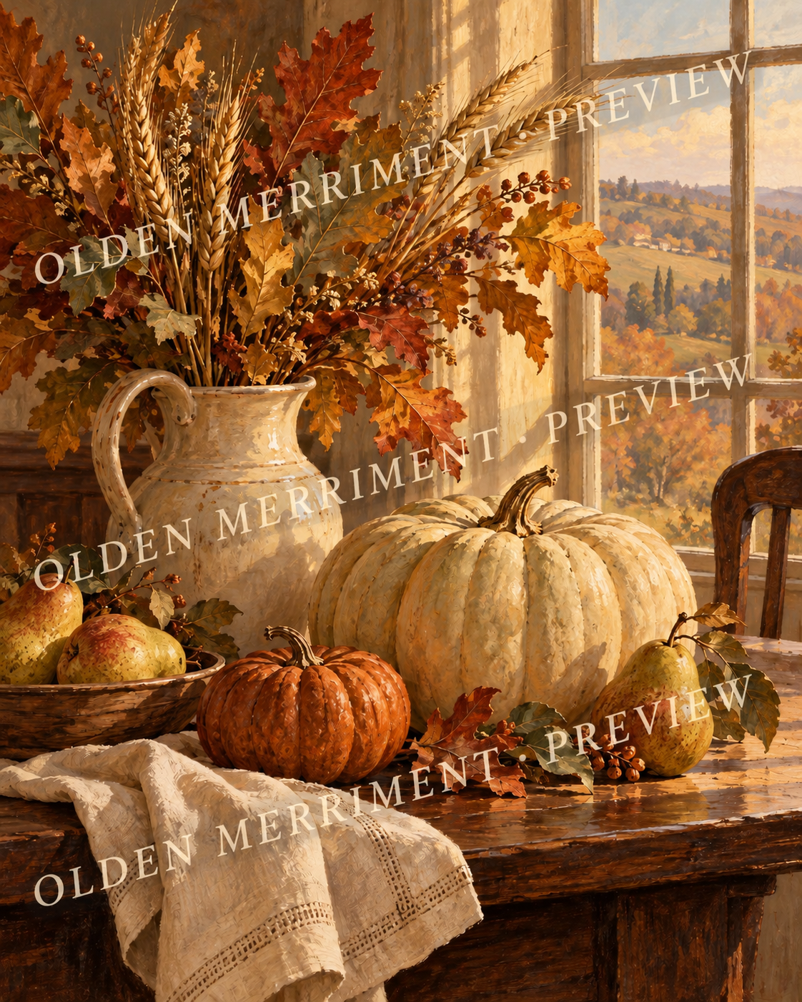 Harvest Table: orange and white pumpkins, pears and a pitcher of wheat and oak leaves beside a sunlit window.