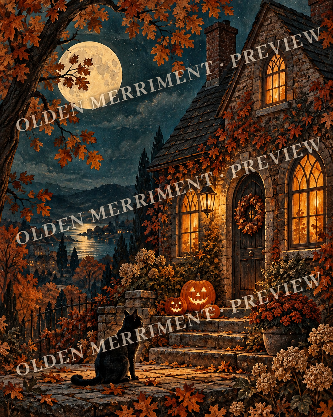 A black cat and glowing jack-o’-lanterns outside an autumn cottage beneath a full moon.