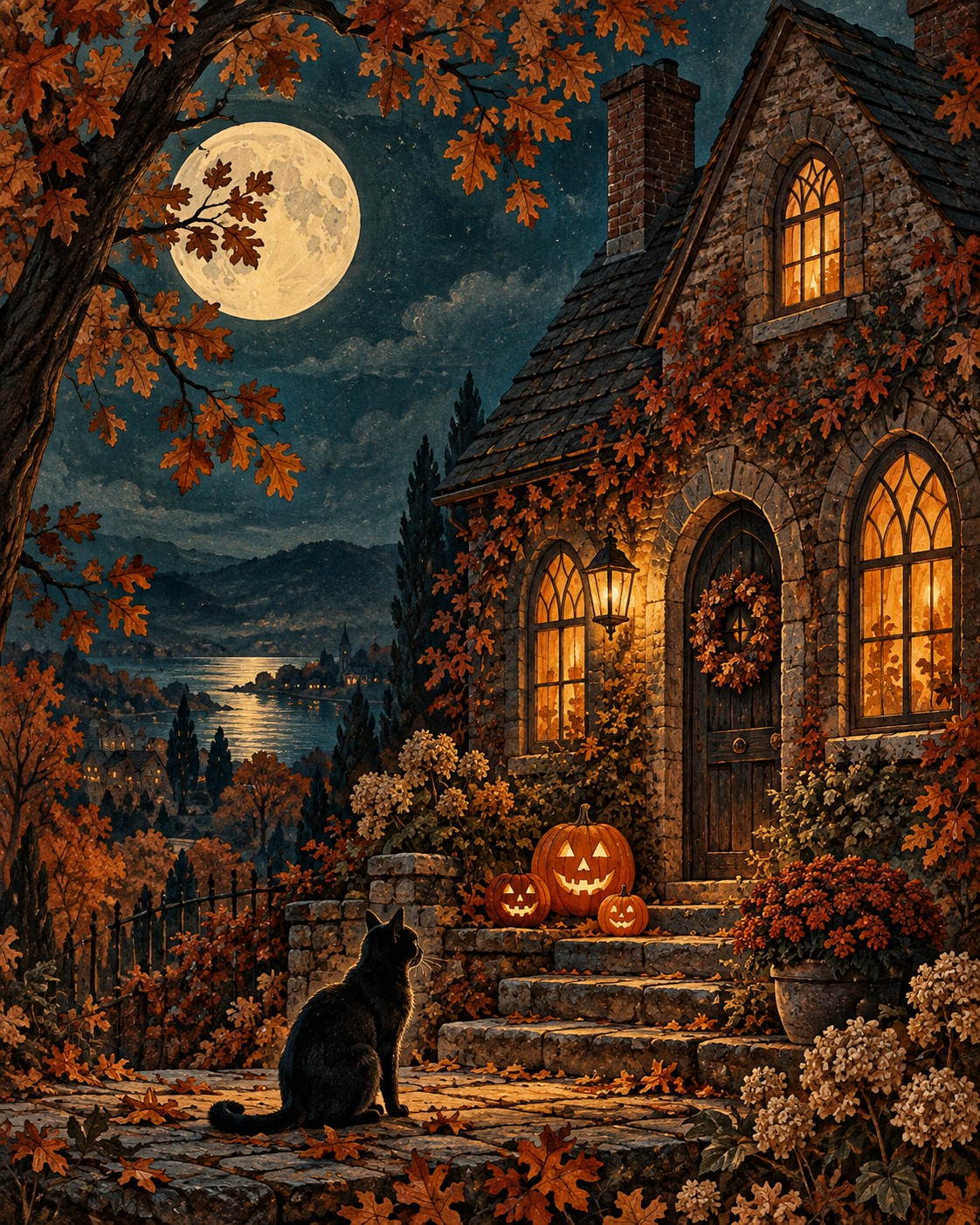 A black cat and glowing jack-o’-lanterns outside an autumn cottage beneath a full moon.